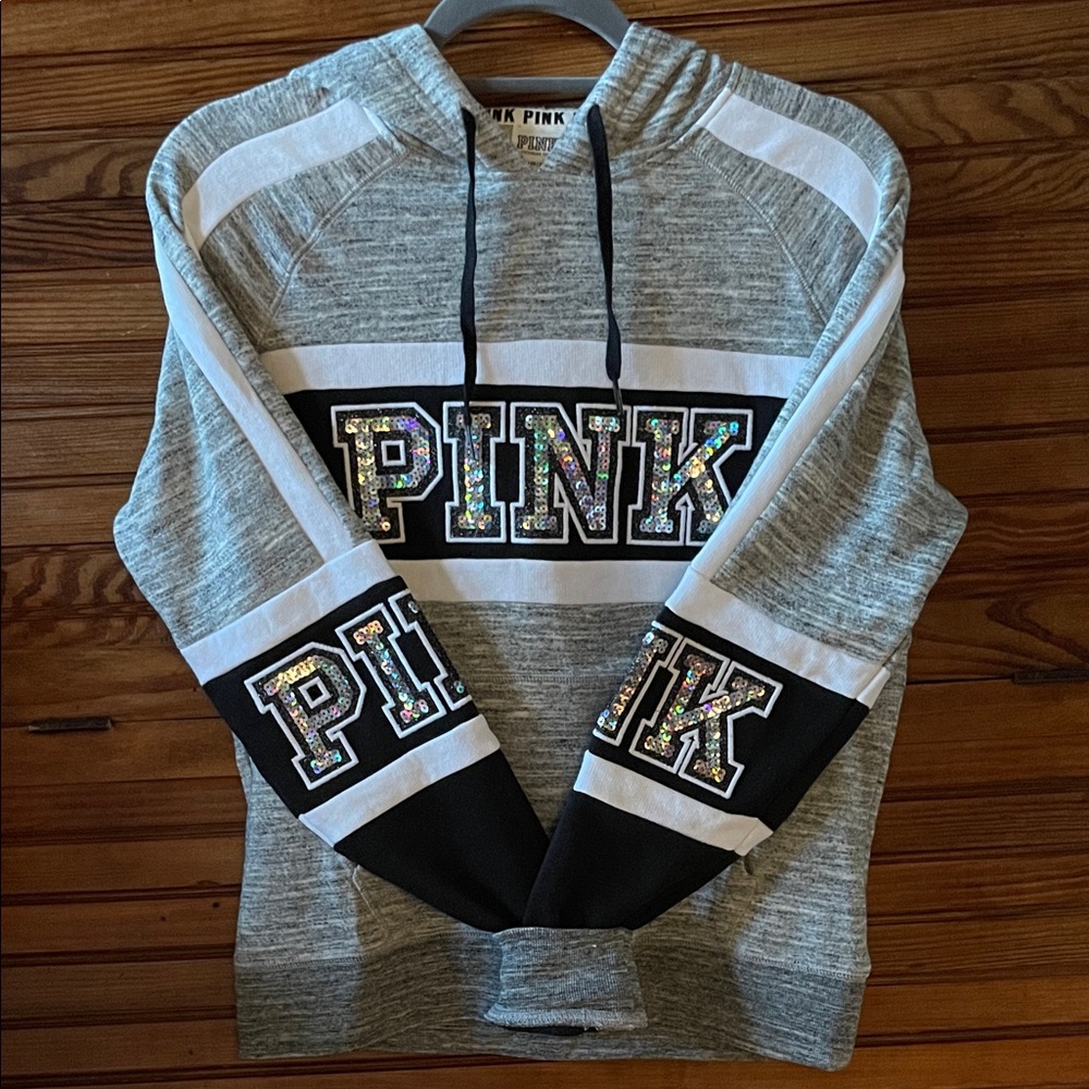 PINK Victoria's Secret BLING Gray and Black Sequin Hoodie